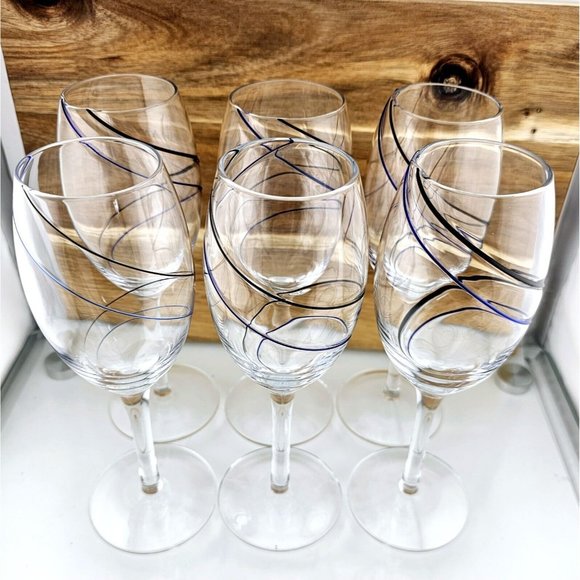 6) Fused Glass Swirl Delicate Double Line Champagne Flutes 8" Glasses blue black - Picture 4 of 11